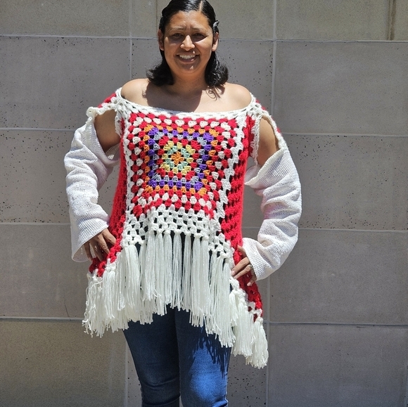 Hand Crafted Fringe White & Red Crochet Granny Square Multicolored Top Handmade - Picture 6 of 17